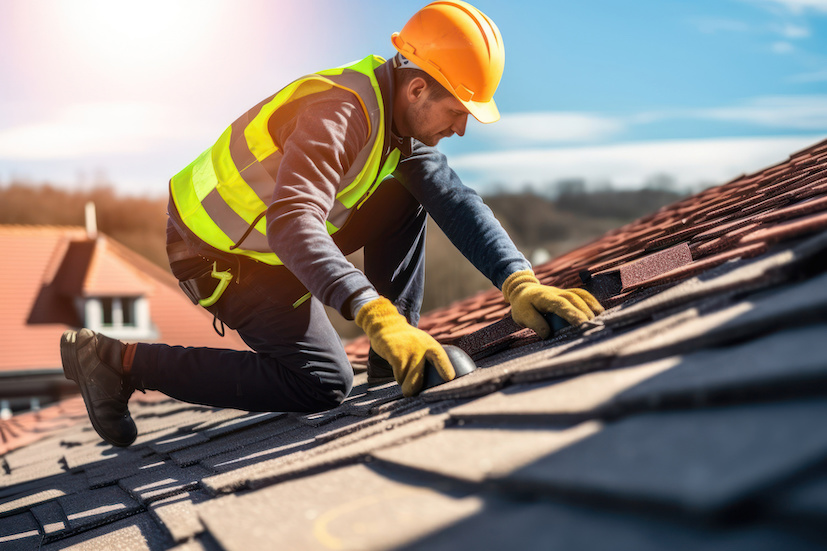 Construction worker with safety hardhat working on roof tiles installation. Generative AI